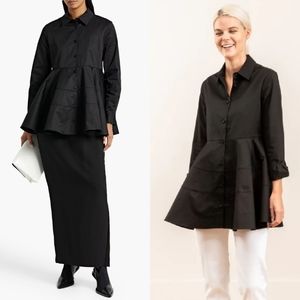 CO Cotton-Taffeta Peplum Tiered Button Front Blouse Black Small